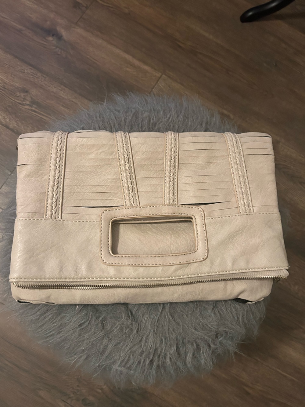 Cream Leather Fringe Panel Clutch Bag - Picture 3 of 7